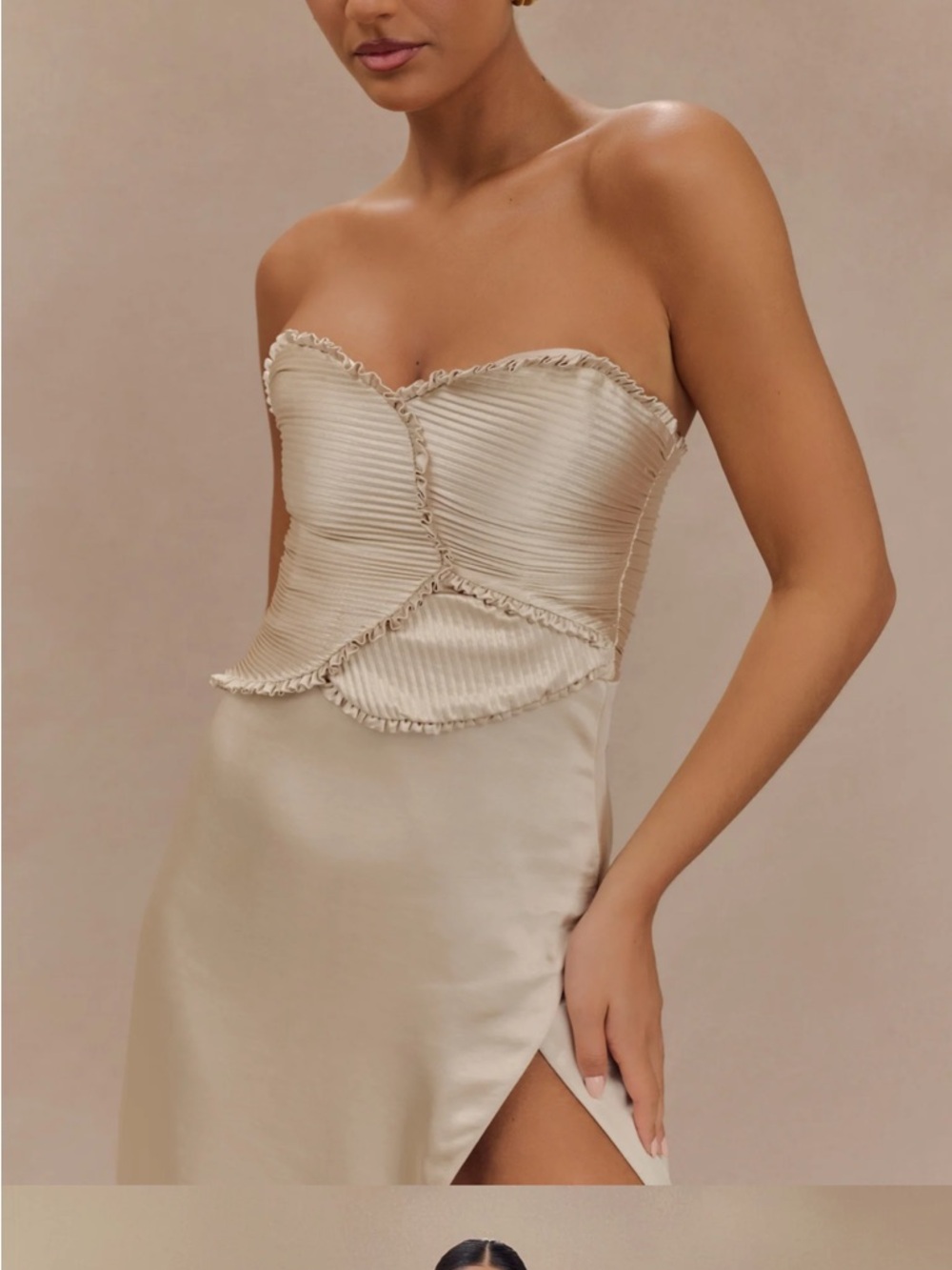 MESHKI Larissa Satin Maxi Dress With Ruched Petals - Blush Gold Size Small - Picture 6 of 6